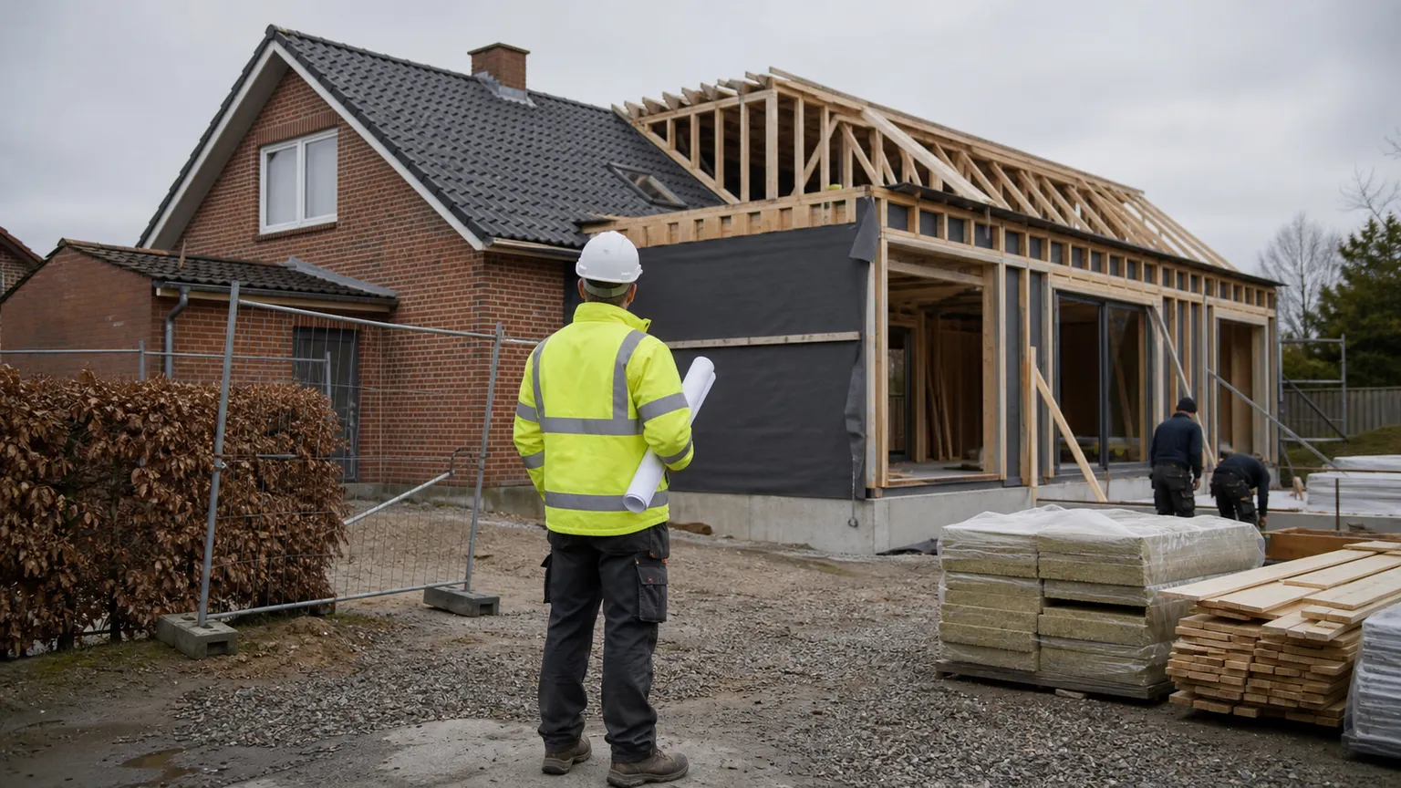 Entreprenør inspicerer en tilbygning i træ ved et dansk murstenshus under opførelse.