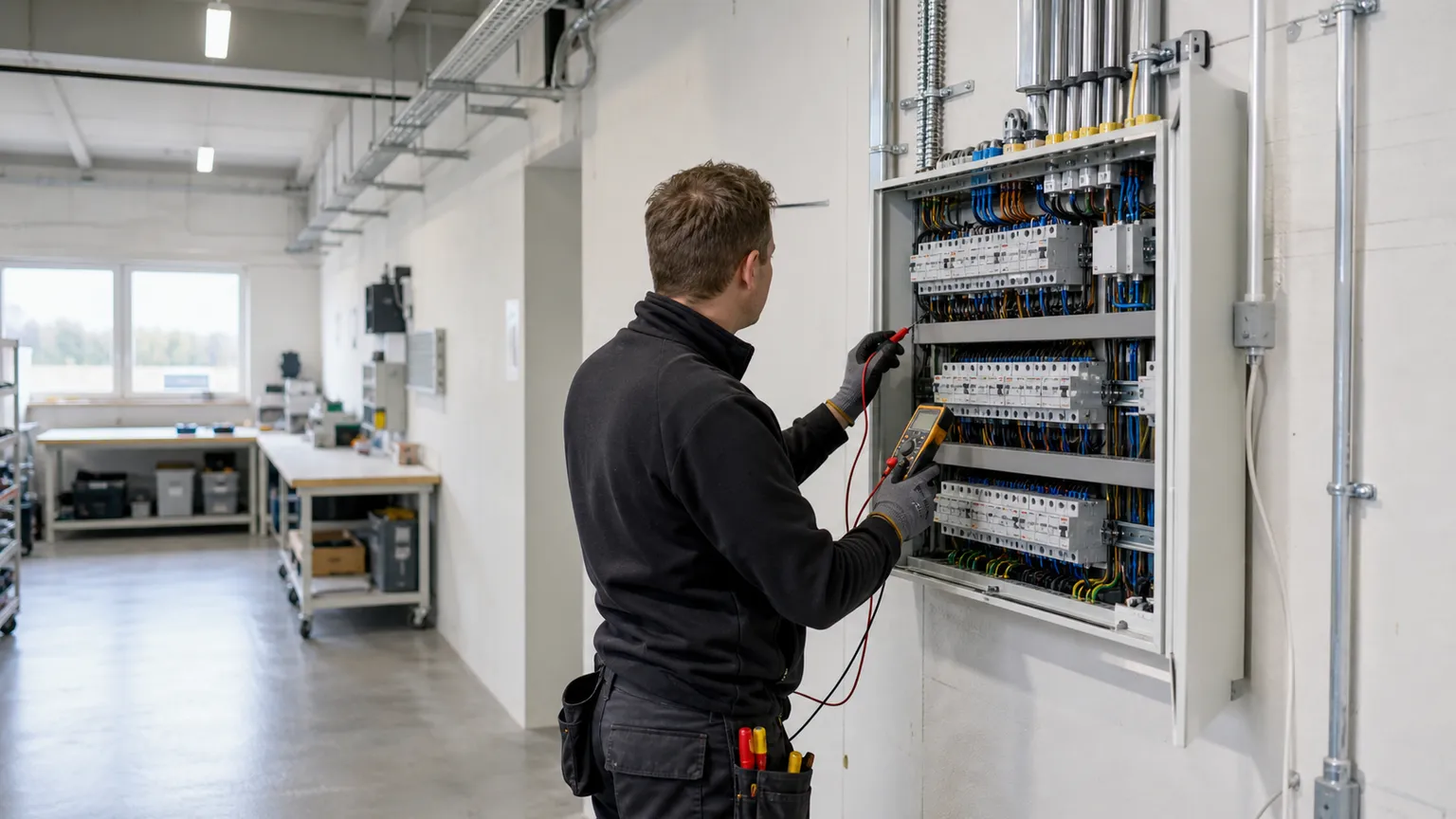 Elektriker tester en åben eltavle i et lyst dansk erhvervsværksted.