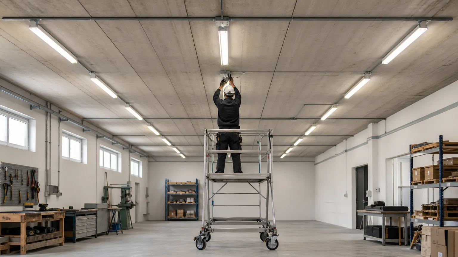 Elektriker monterer loftsbelysning fra et rullestillads i et lyst erhvervsværksted.
