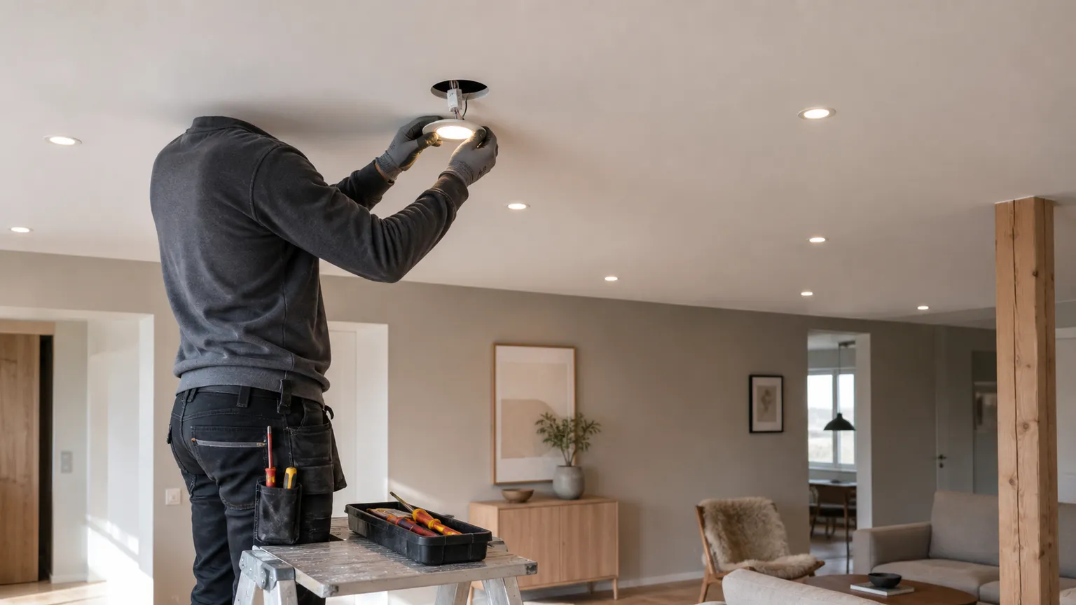 Elektriker monterer en LED-spot i loftet i en moderne dansk stue med flere spots tændt.