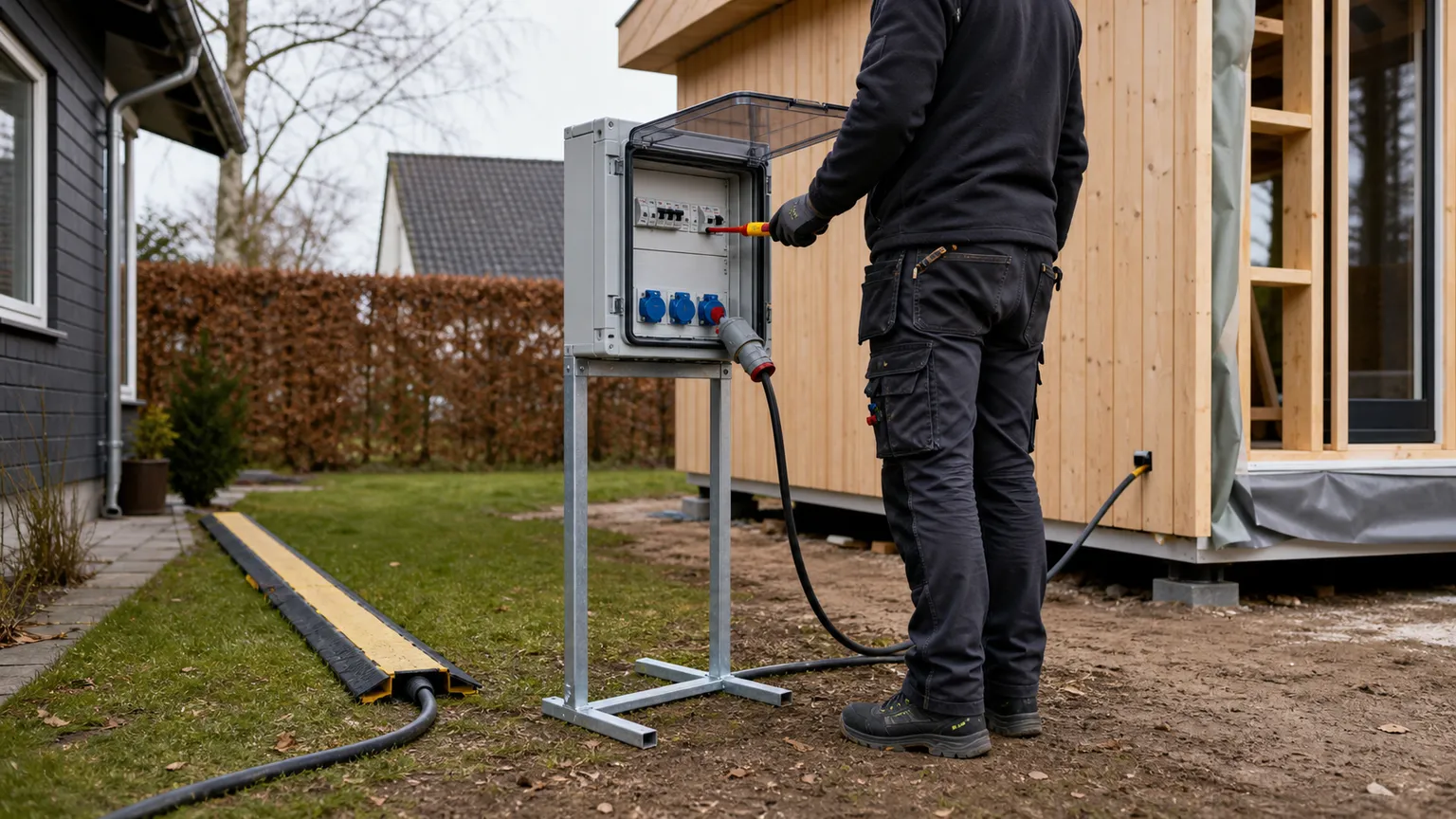Elektriker kontrollerer en byggestrømstavle ved et træbeklædt anneks under opførelse.