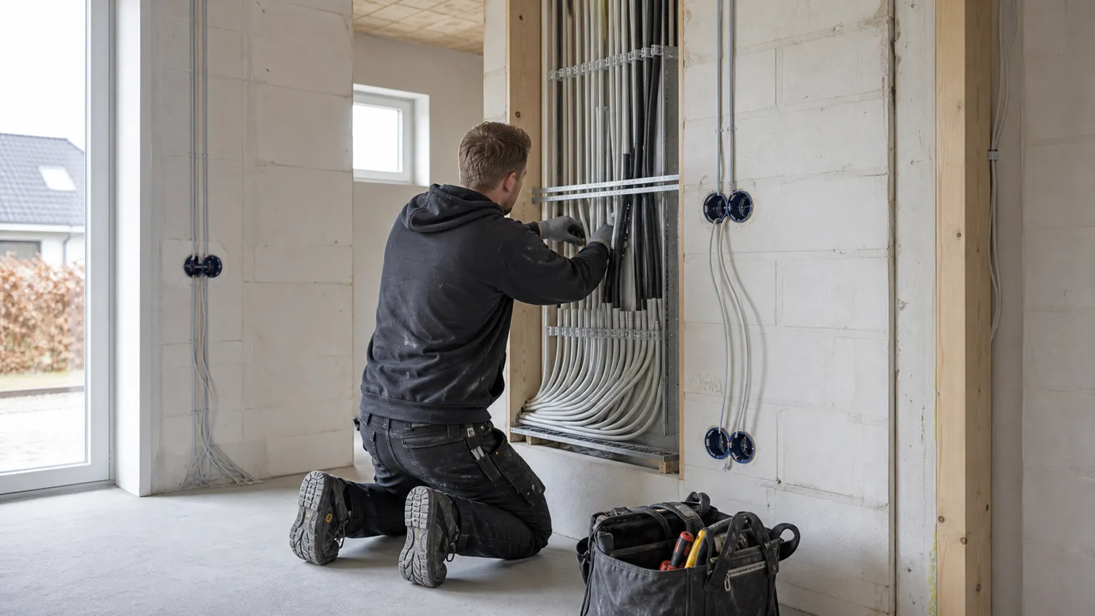 Elektriker monterer organiserede elrør i væggen på et nybygget dansk parcelhus.