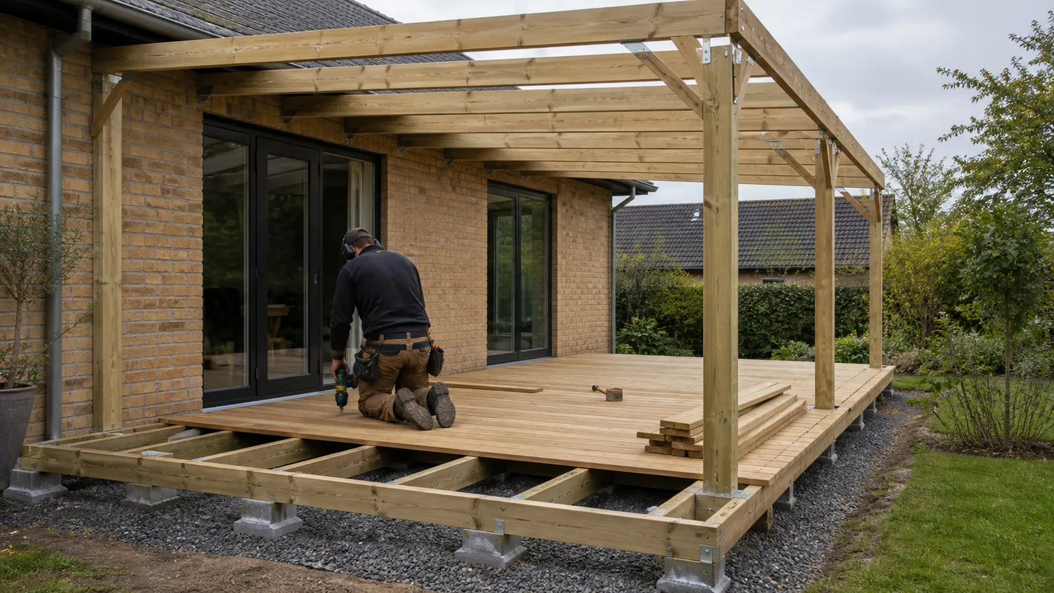 Tømrer monterer terrassebrædder på en træterrasse med pergola ved et dansk murstenshus.