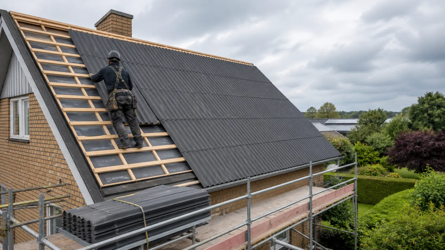 Tagdækker monterer mørke eternitplader på et dansk murstenshus under renovering.
