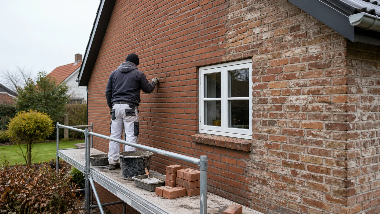 Murer renoverer en rød murstensfacade på et dansk hus fra et sikkert stillads i blødt dagslys.