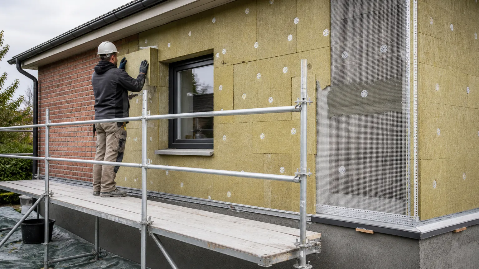 Håndværker monterer facadeisolering på dansk murstenshus fra et sikkert stillads.