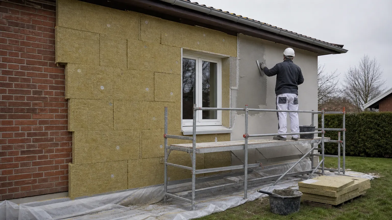 Håndværker pudser facade på dansk murstenshus med udvendige mineraluldsplader og sikkert stillads.
