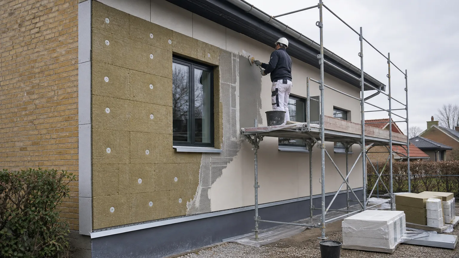 Håndværker pudser en dansk husfacade med udvendig isolering fra et sikkert stillads.