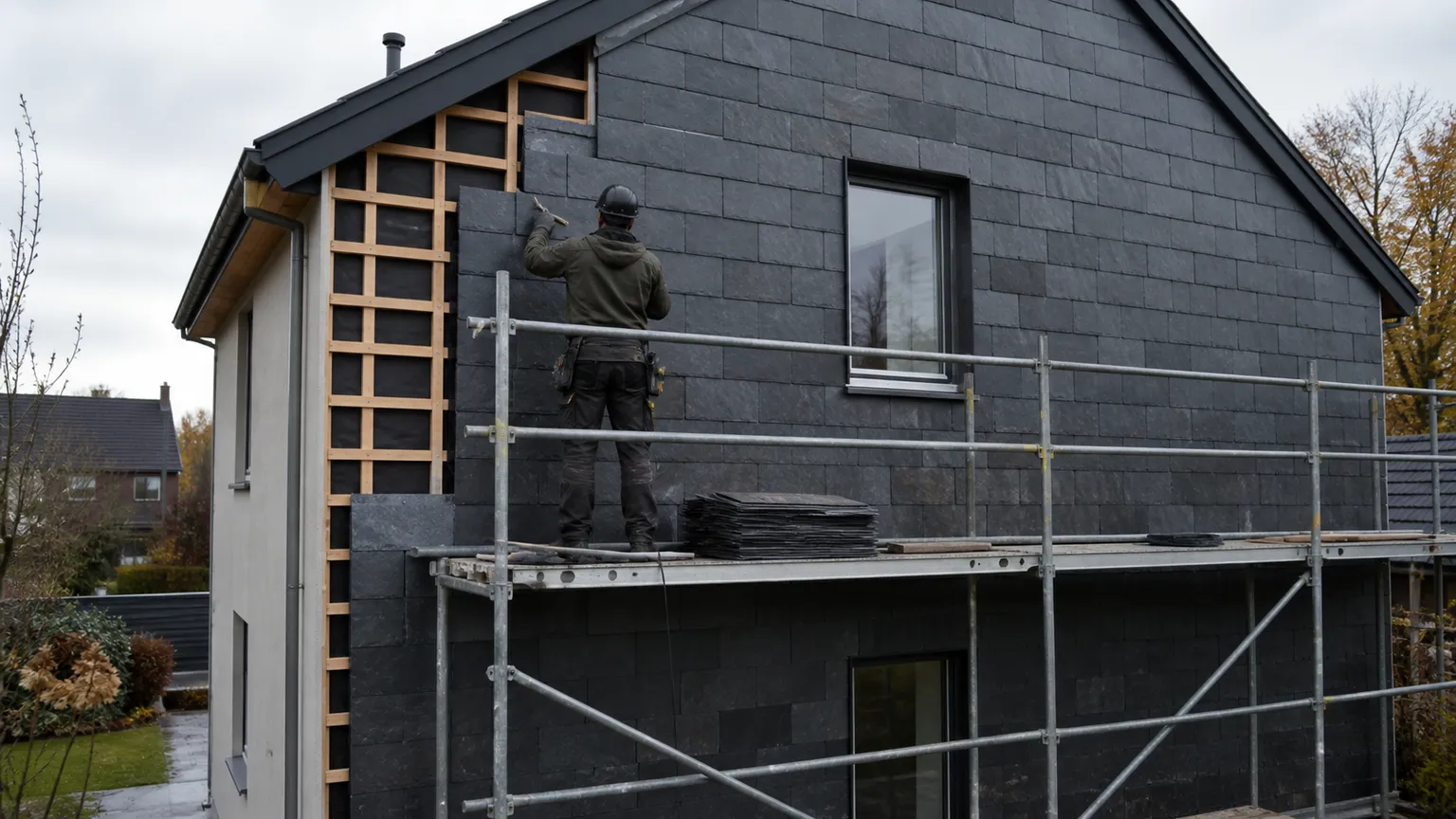 Håndværker monterer mørke skiferplader på gavlen af et dansk hus fra et sikkert stillads.