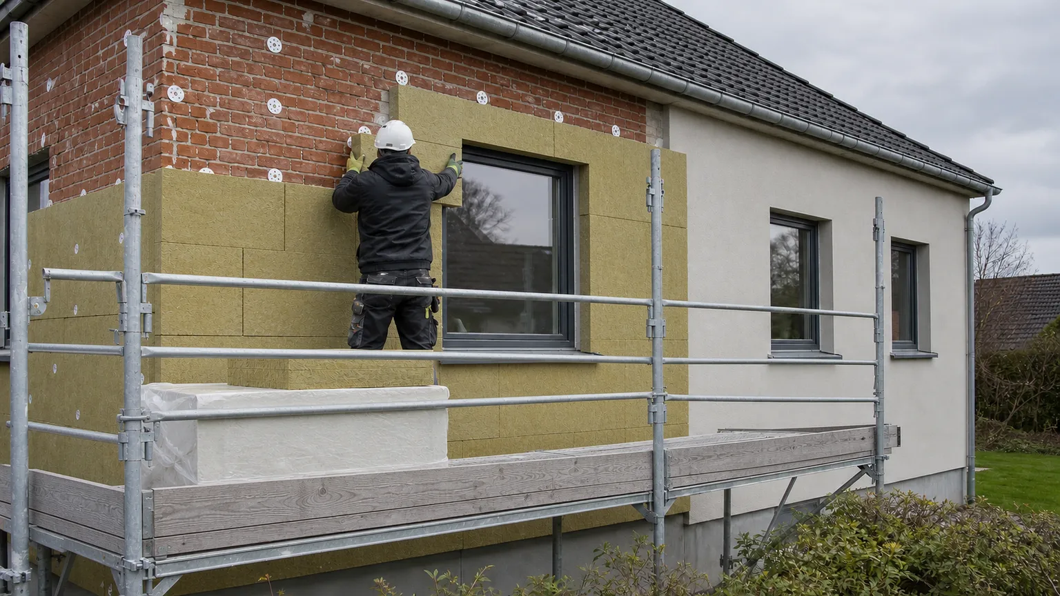 Håndværker monterer facadeisolering på et dansk murstenshus fra et sikkert stillads.