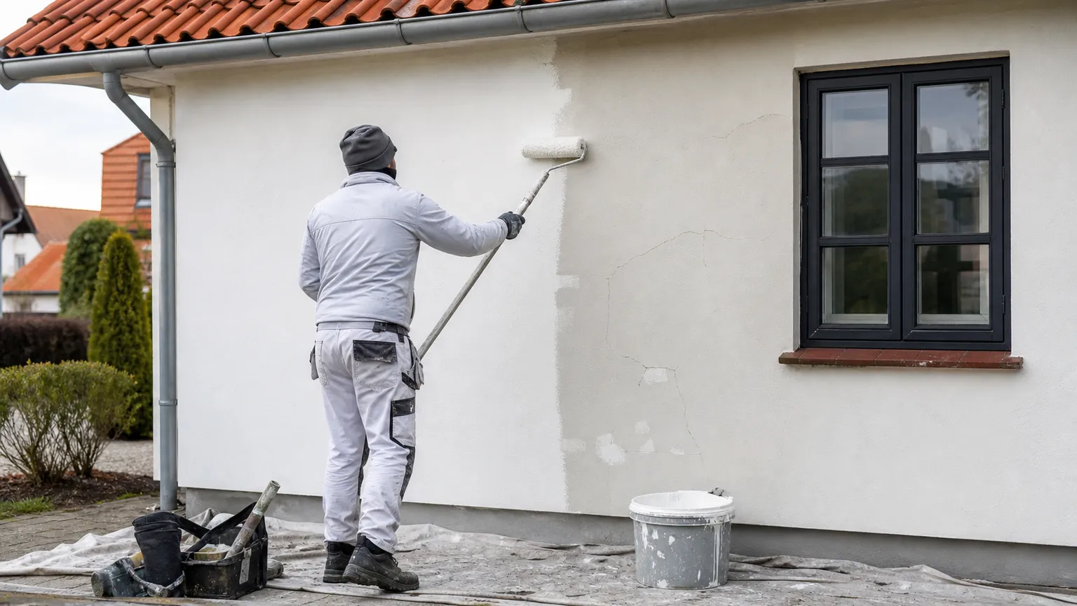 Professionel maler påfører hvid facademaling på et dansk hus med reparerede revner og afdækket arbejdsområde.