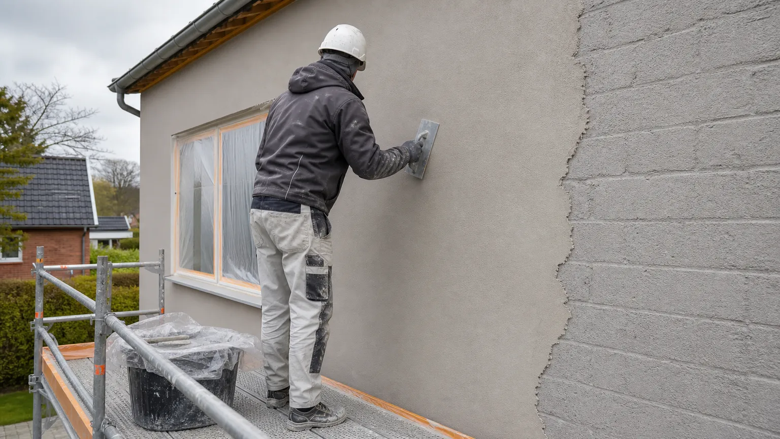 Håndværker pudser facaden på et dansk hus fra et sikkert stillads.