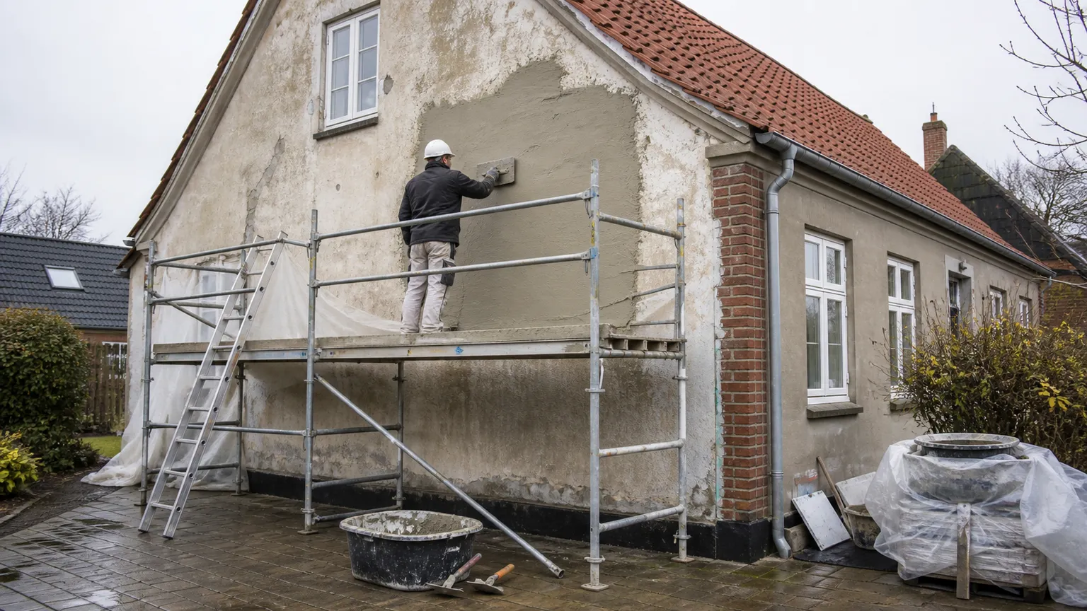 Håndværker pudser facaden på et dansk hus fra et sikkert stillads i blødt dagslys.