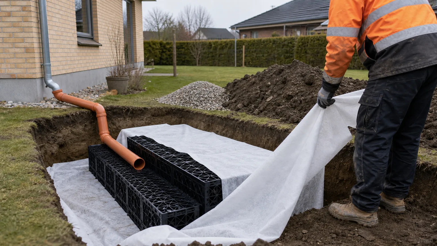 Håndværker installerer en faskine med plastkassetter og fiberdug ved et dansk murstenshus.