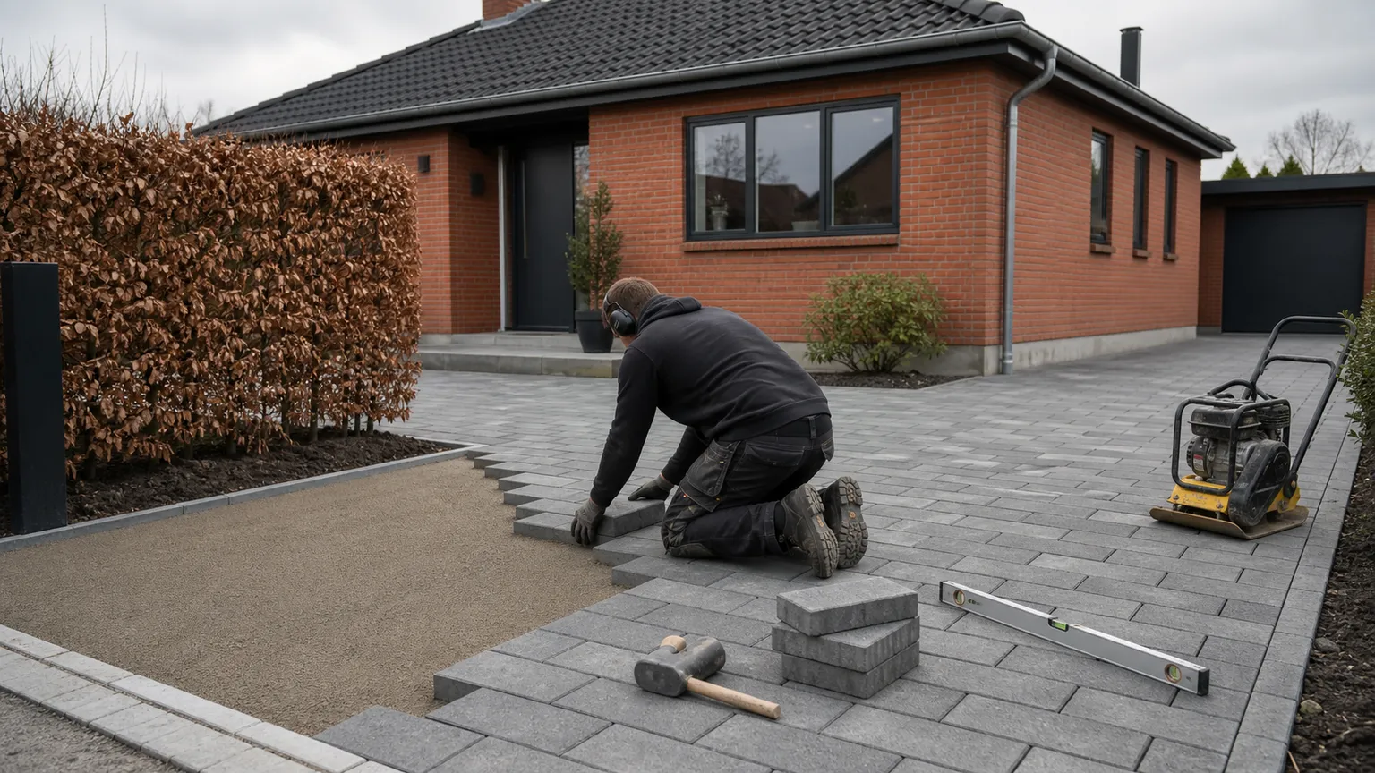 Brolægger lægger grå betonfliser i indkørslen foran et dansk murstenshus.