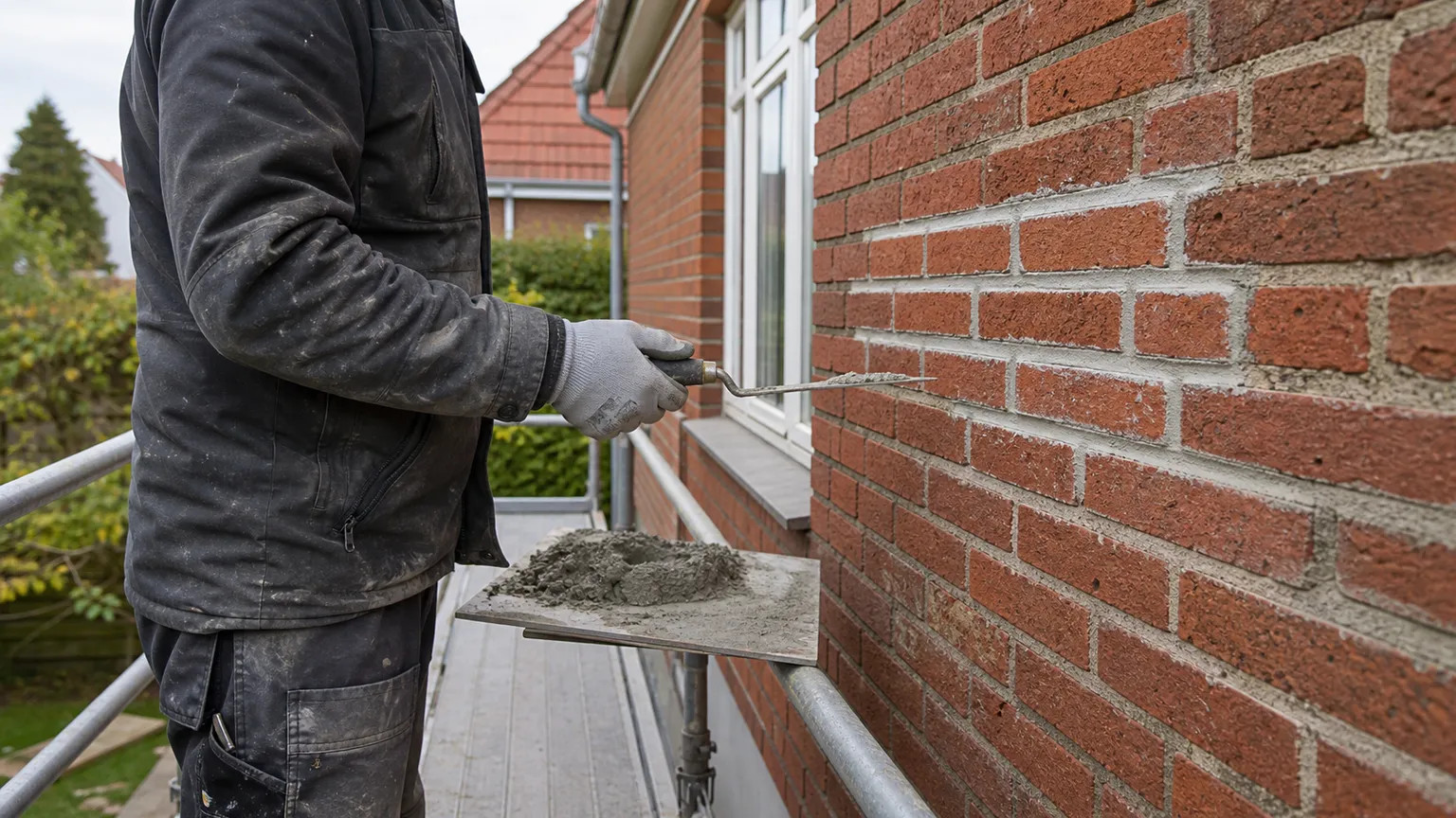 Fugemand omfuger en rød murstensfacade fra et sikkert stillads.