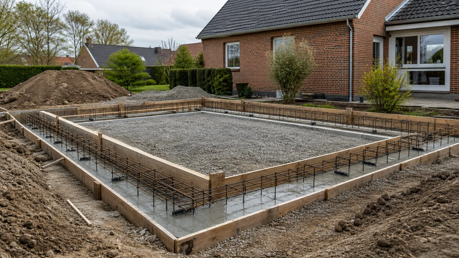 Armeret betonfundament under opførelse ved et dansk murstenshus.