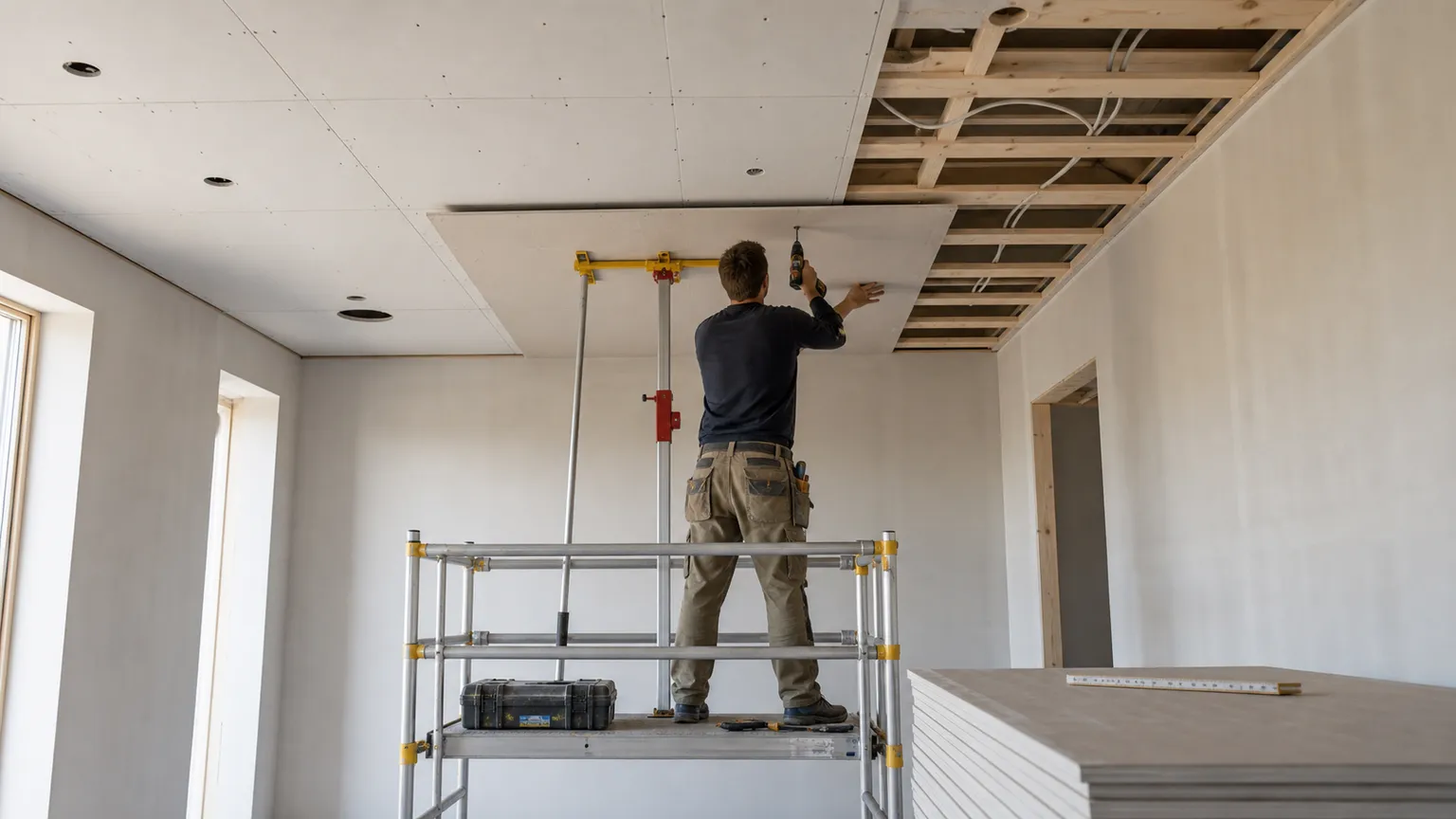 Tømrer monterer gipsplade i loftet fra et sikkert stillads i et lyst dansk hjem under renovering.