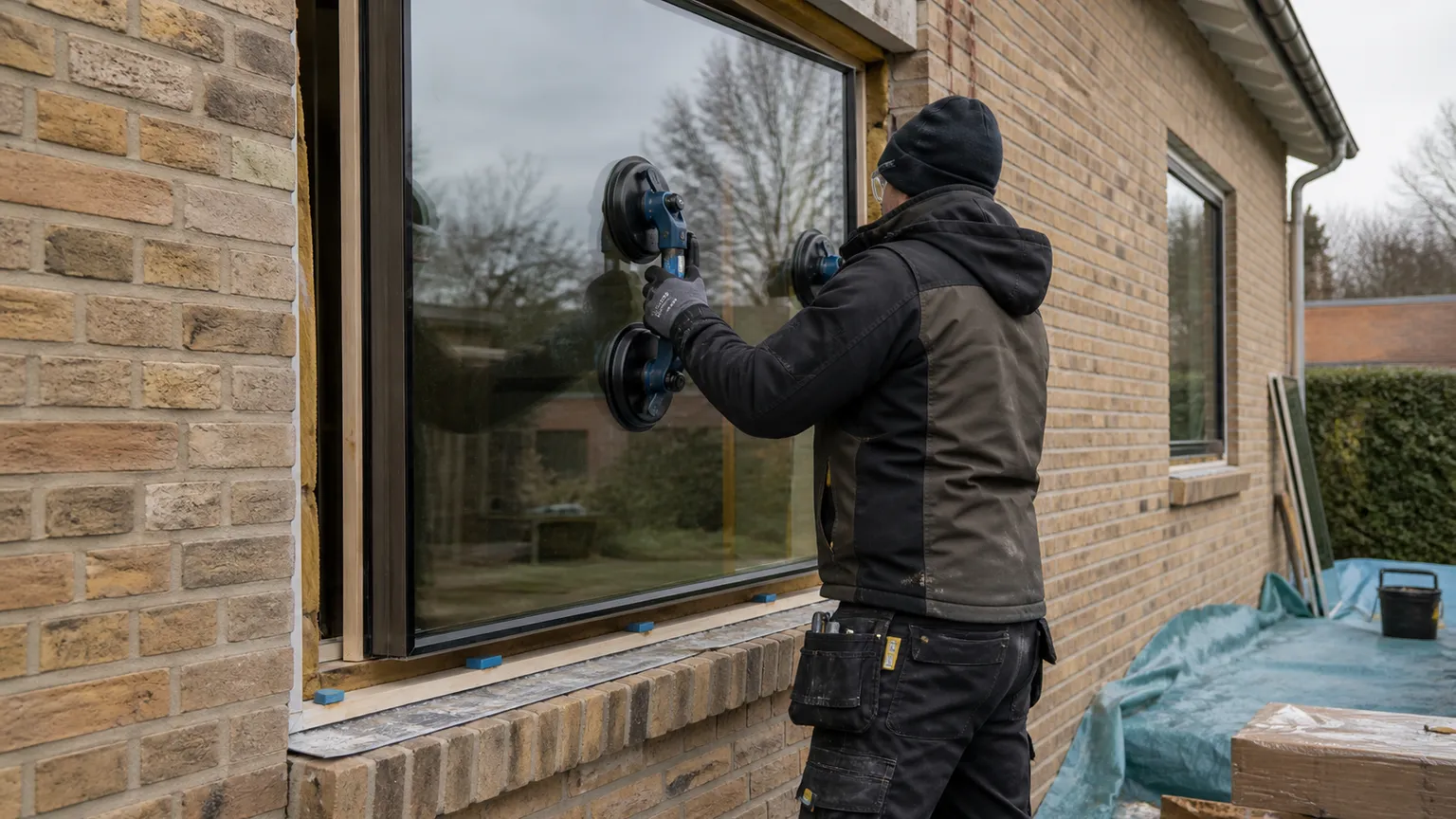 Glarmester monterer en stor energirude med sugekopper i et murstenshus.
