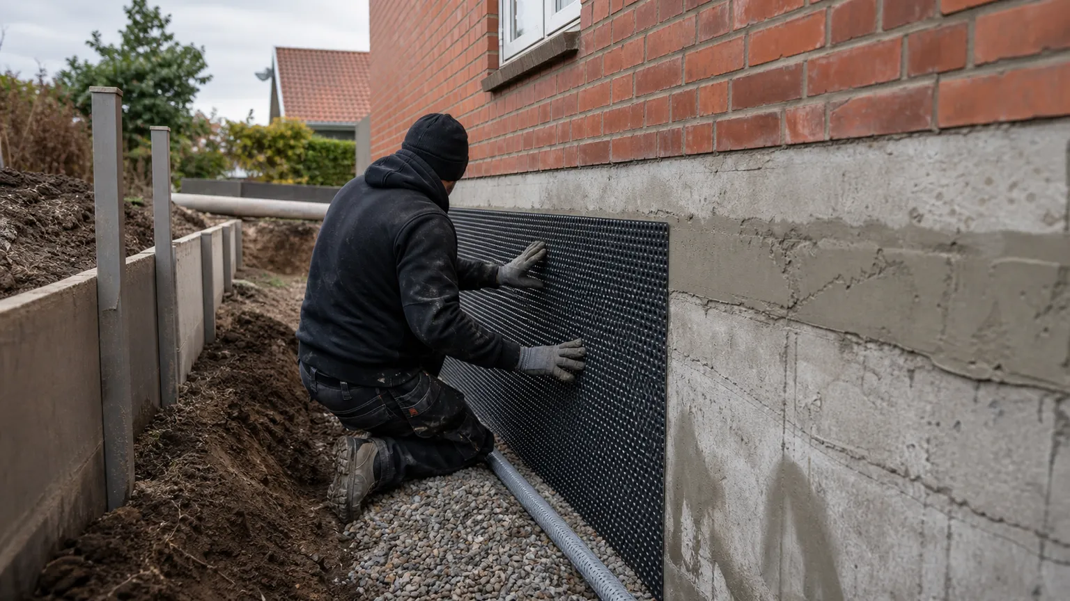 Håndværker monterer grundmursplade og dræn langs fundamentet på et dansk murstenshus.