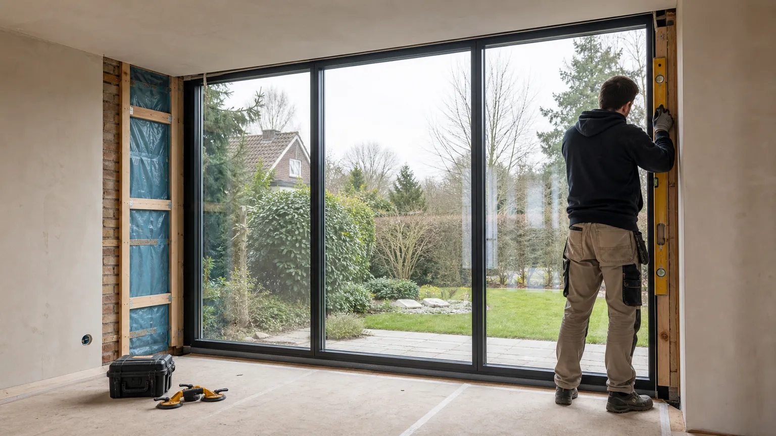 Tømrer kontrollerer nyinstallerede gulv til loft-vinduer i en dansk bolig under renovering.