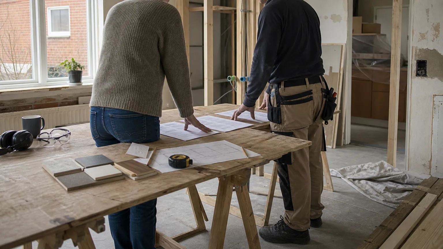Boligejer og håndværker sammenligner tre tilbud på et arbejdsbord under renovering af et dansk hjem.