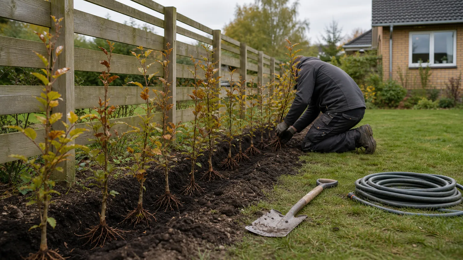 Gartner planter unge bøgehækplanter langs et træhegn i en dansk villahave.