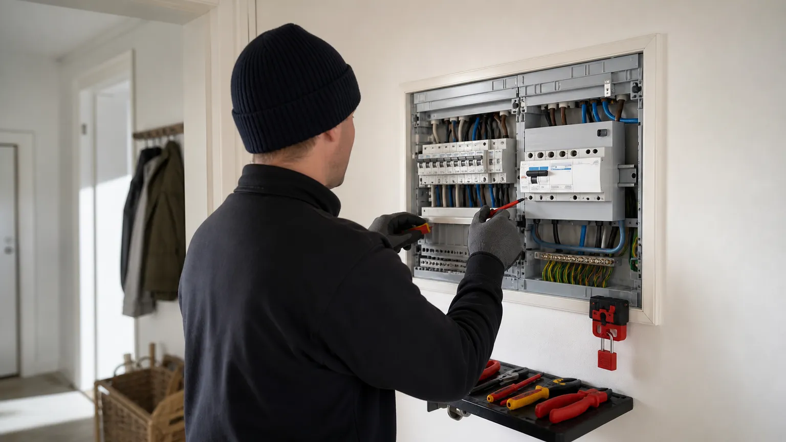 Autoriseret elektriker arbejder sikkert ved en åben eltavle med nyt HPFI-relæ i et dansk hjem.
