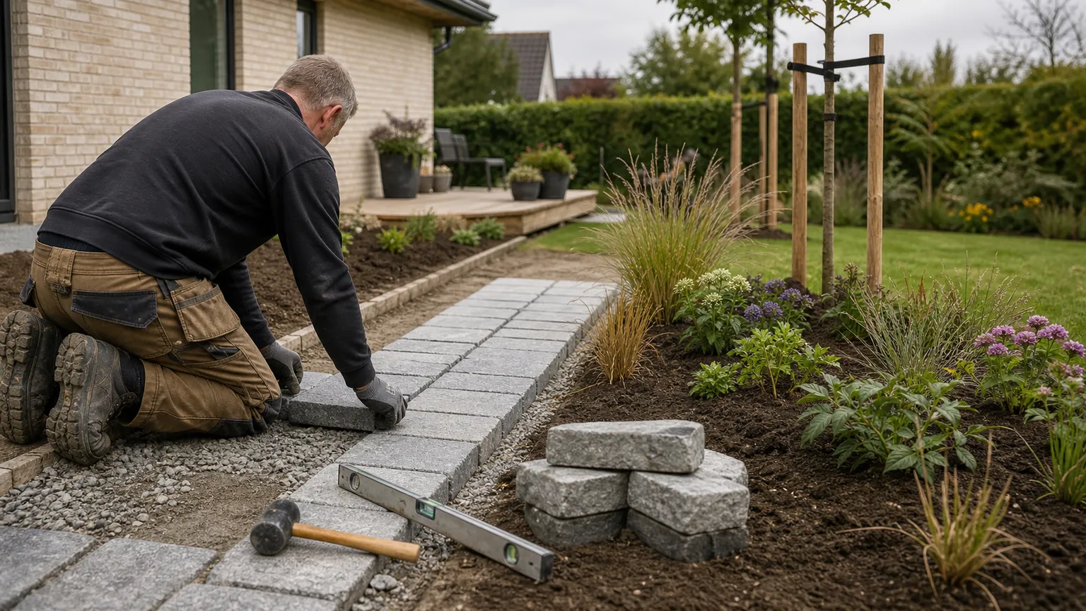 Anlægsgartner lægger granitsten til en havesti mellem blomsterbed og dansk murstenshus.