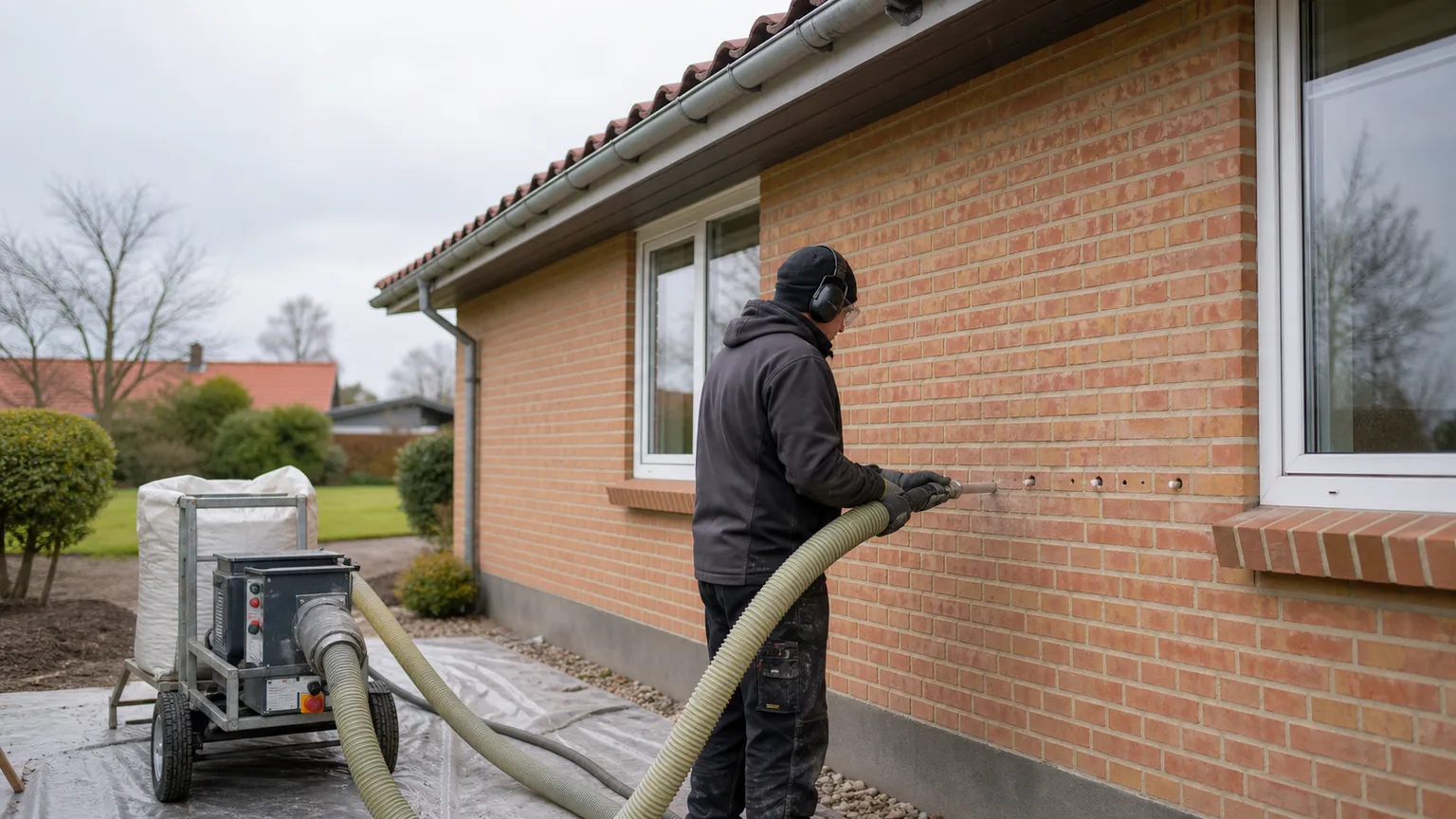 Isolatør indblæser hulmursisolering gennem borehuller i murværket på en dansk murstensvilla.