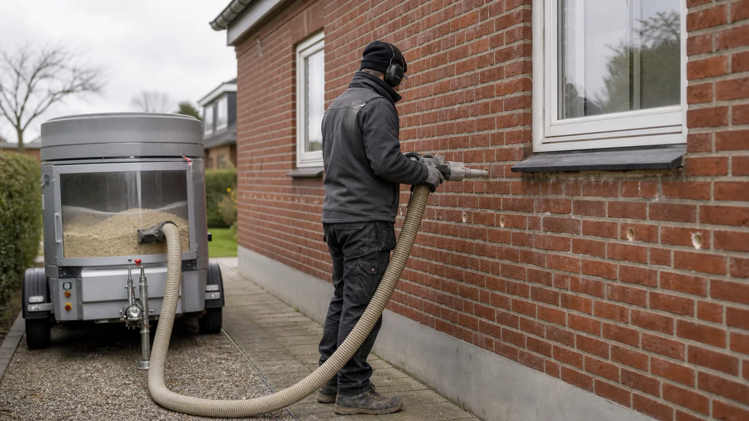 Håndværker indblæser isoleringsgranulat i hulmuren på et dansk murstenshus.