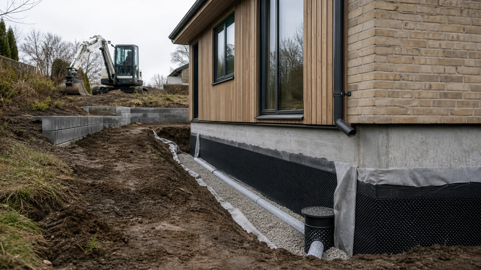 Omfangsdræn anlægges langs fundamentet på et dansk hus bygget ind i en skrånende grund.