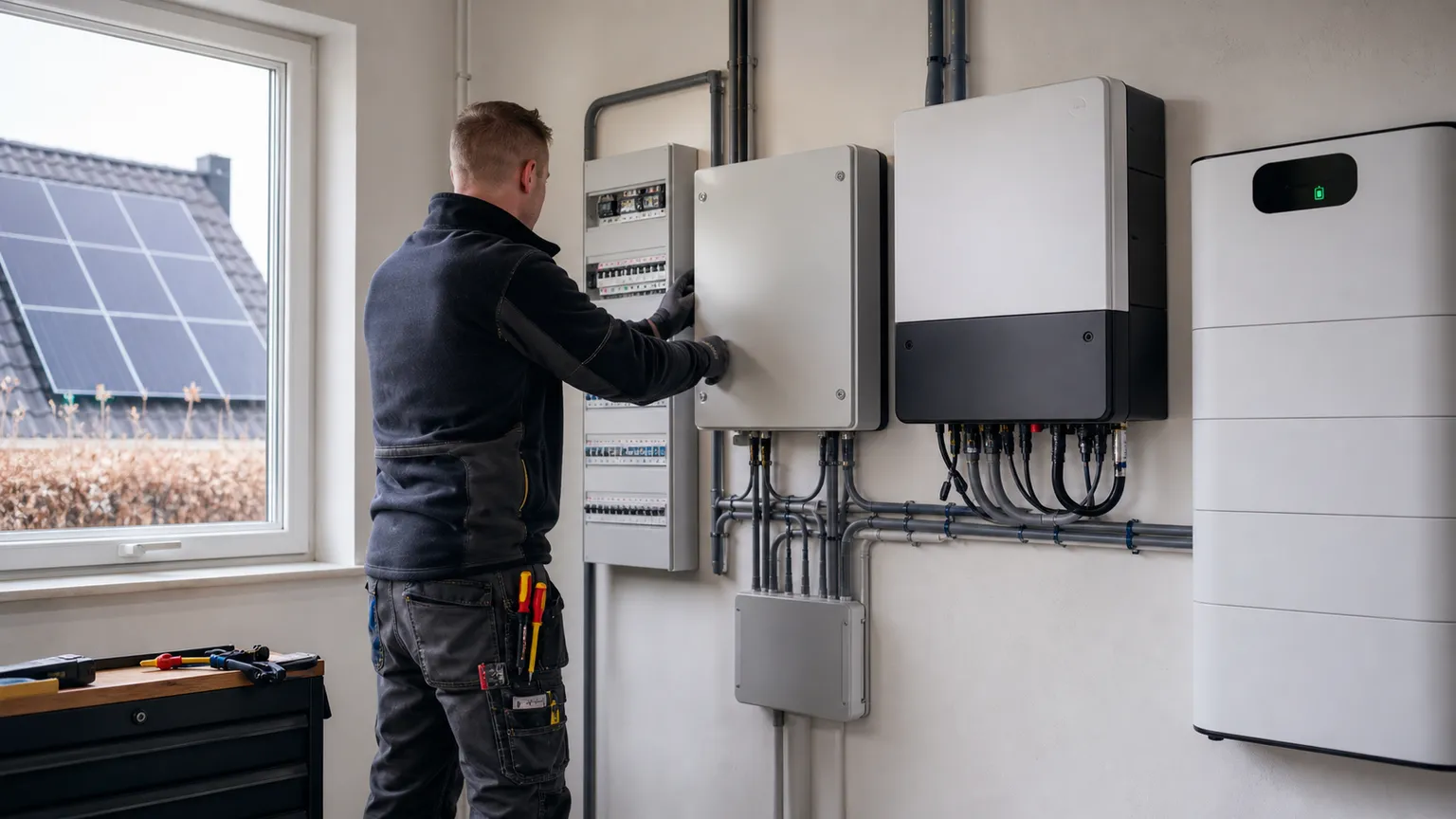 Elektriker installerer ATS ved eltavle, solcelleinverter og batteri i et dansk hjem med solceller udenfor.