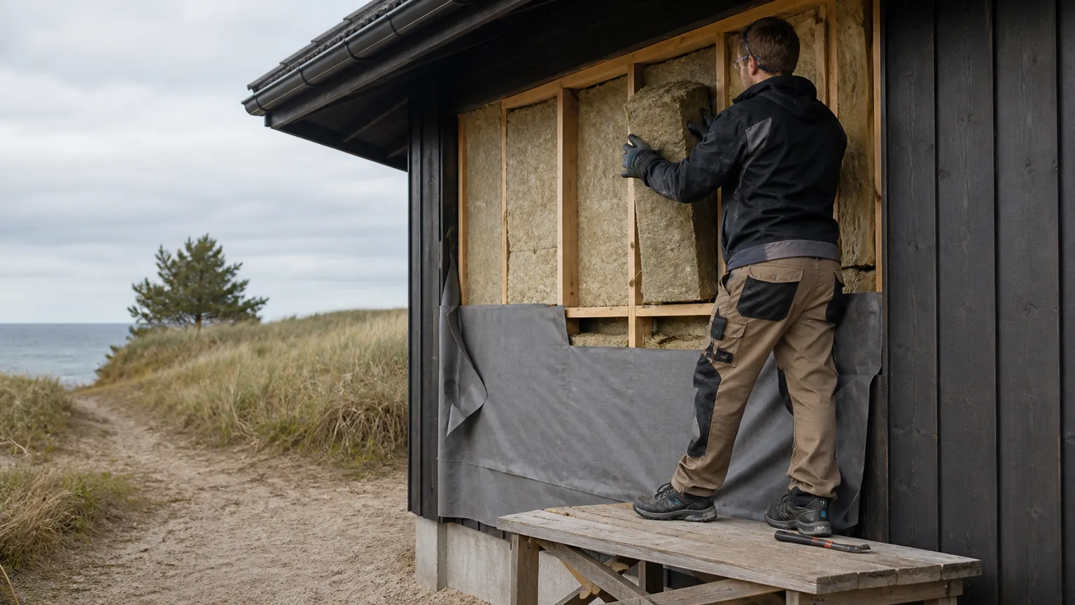 Håndværker efterisolerer ydervæggen på et sort træsommerhus ved den danske kyst.