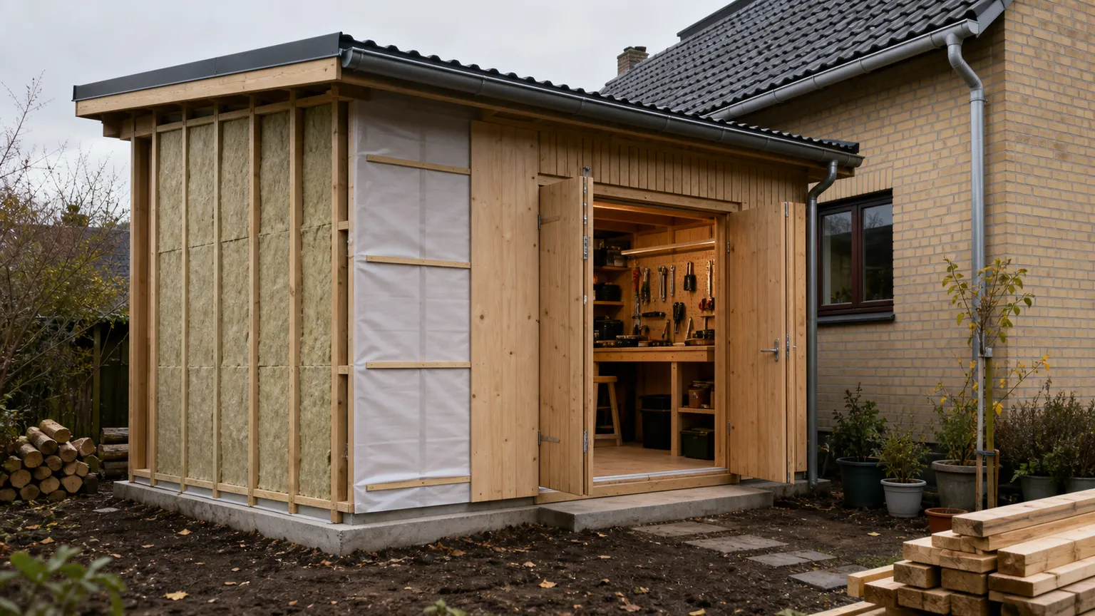Isoleret træskur under opførelse ved dansk murstenshus med synlig isolering og indrettet værksted.