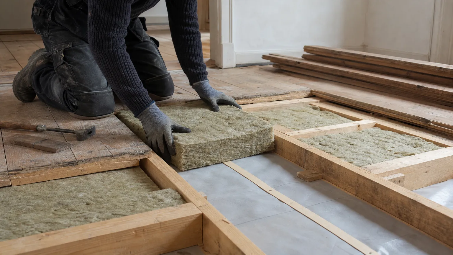 Håndværker lægger mineraluld mellem gulvbjælker under renovering af et ældre dansk trægulv.