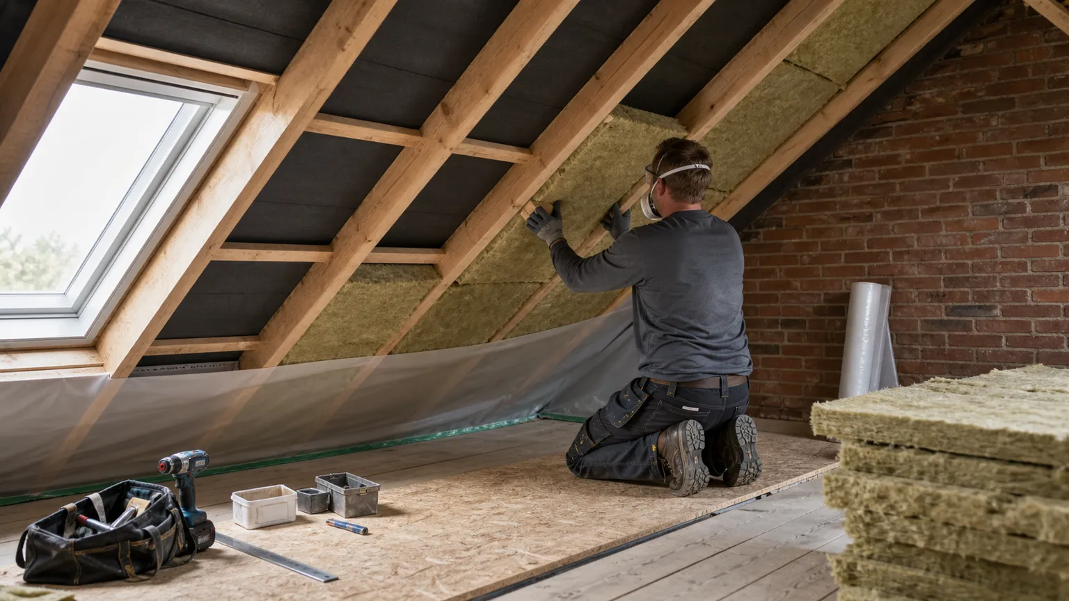 Isolatør monterer mineraluld mellem spærene på et lyst loft i en dansk bolig.