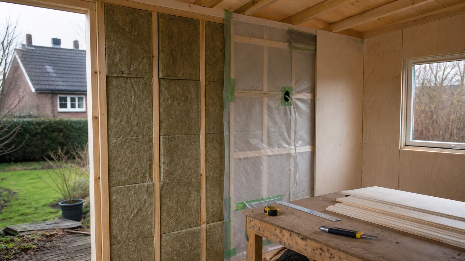 Skur under renovering med mineraluld, dampspærre og lys indvendig træbeklædning.