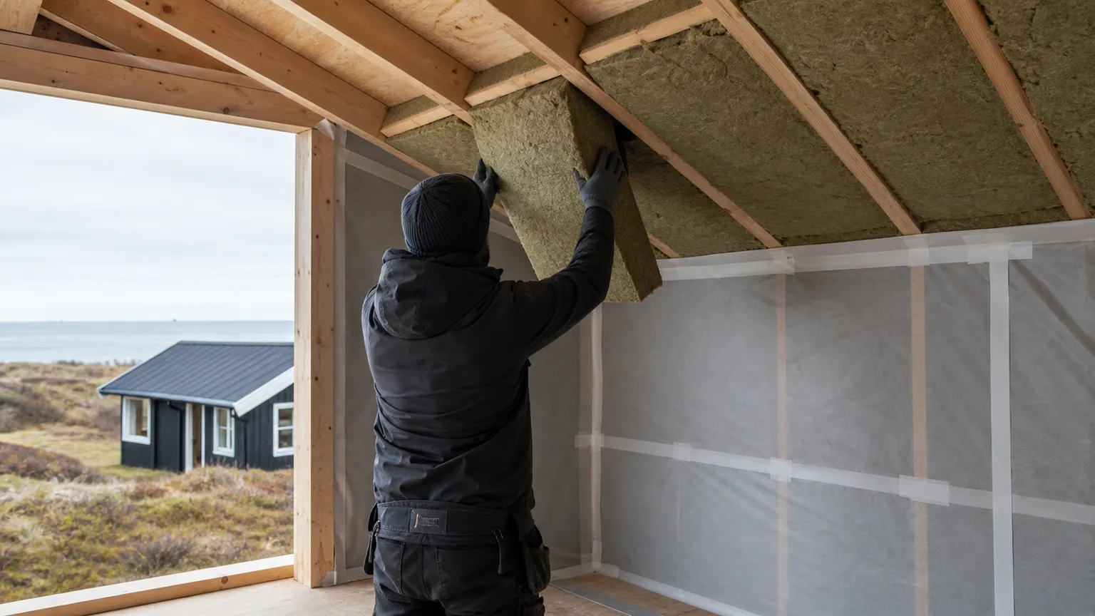 Håndværker monterer mineraluld i loftet på et dansk sommerhus under renovering.