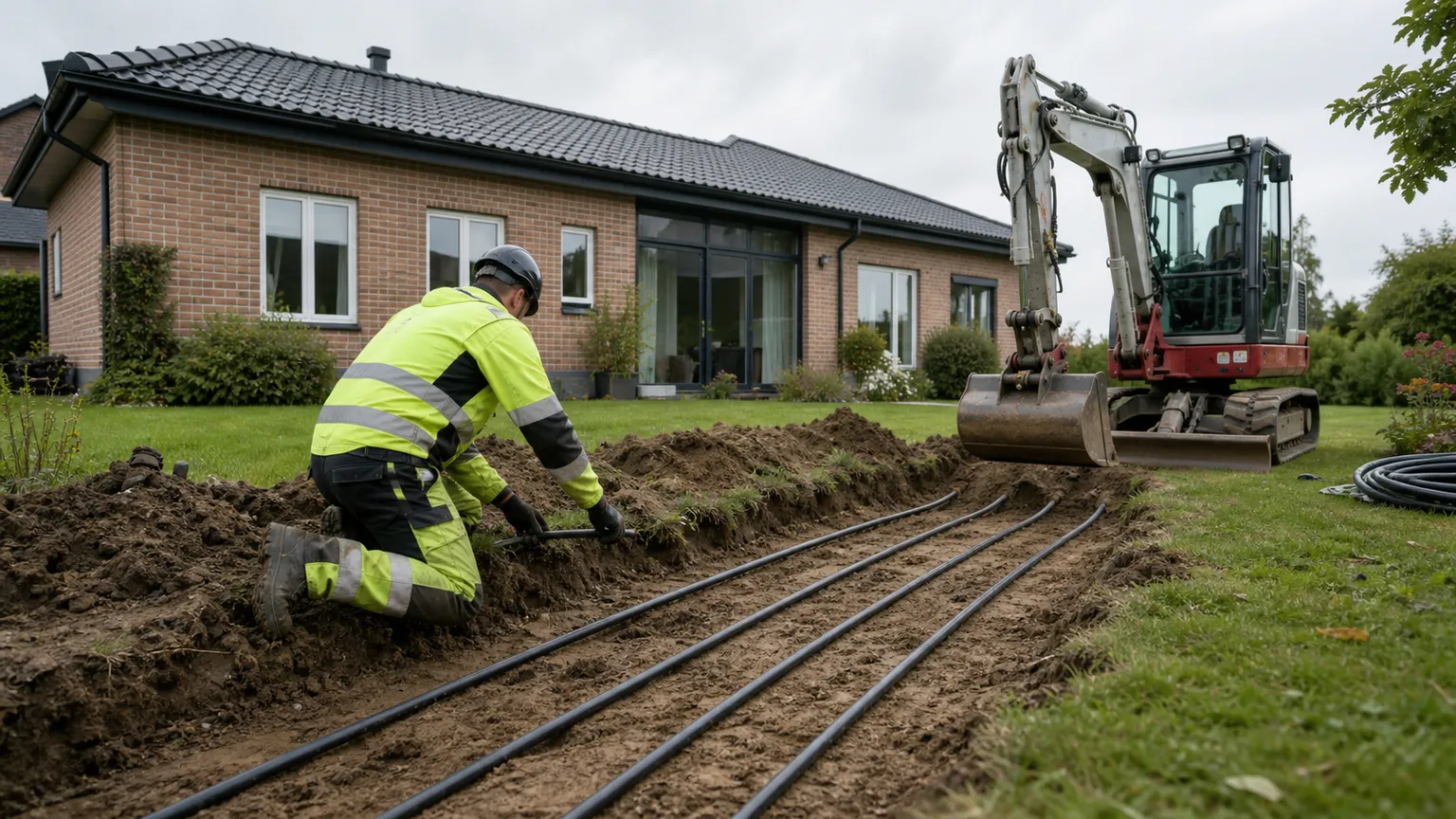 Installatør lægger jordvarmeslanger i en udgravet have ved et dansk murstenshus.