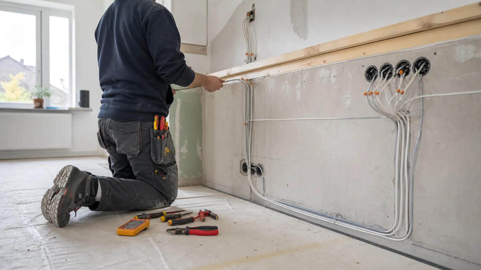 Elektriker klargør kabler og stikkontakter langs væggen i et dansk køkken under renovering.