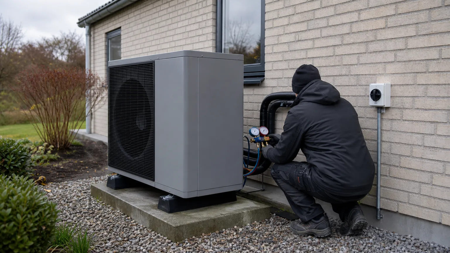 Installatør kontrollerer en luft-til-vand-varmepumpe ved et dansk murstenshus.