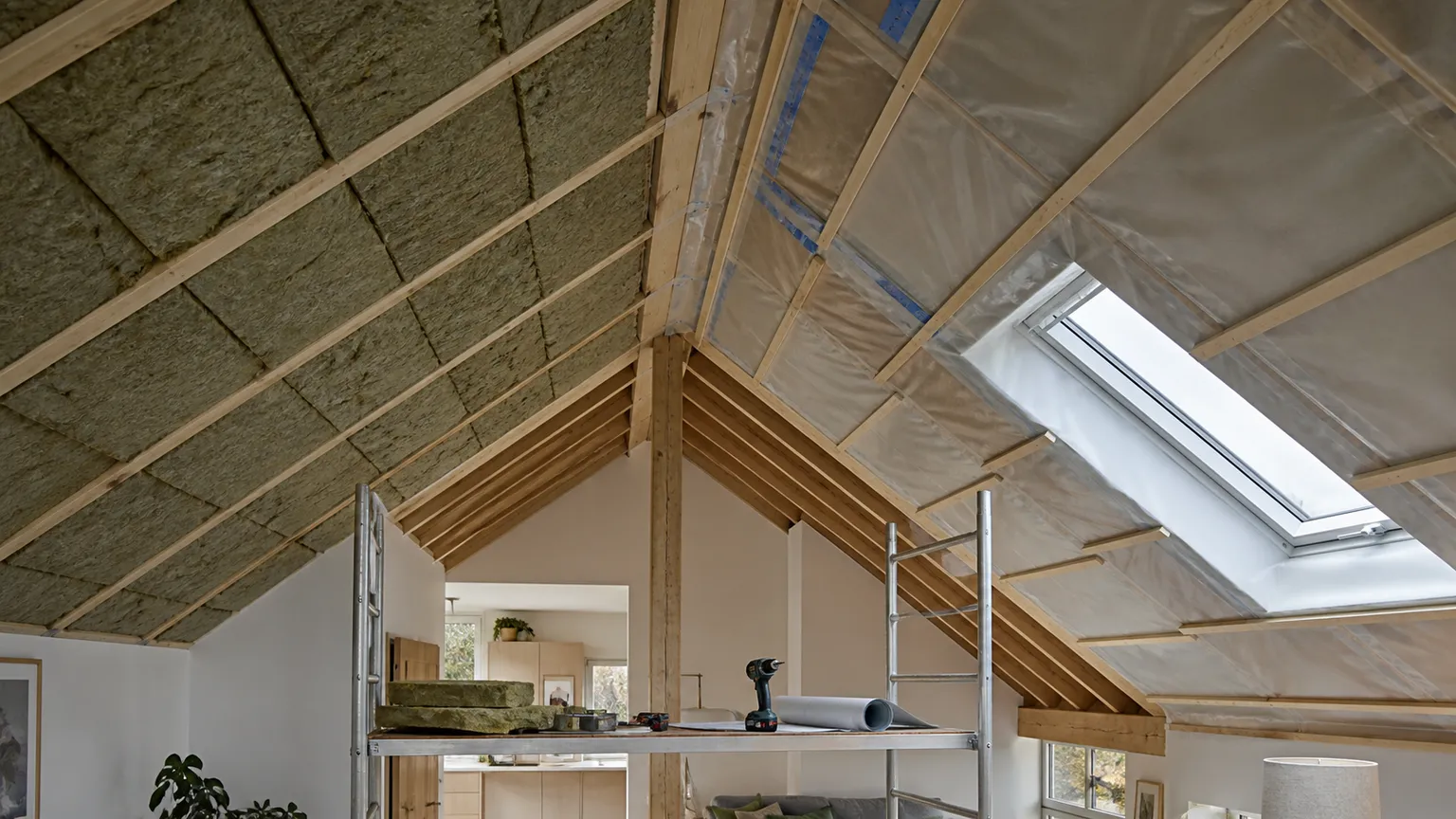 Dansk loft til kip under renovering med mineraluld, dampspærre, træspær, tagvindue og arbejdsstillads.