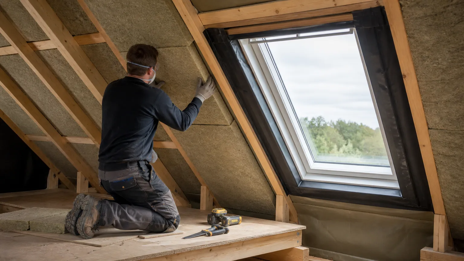 Håndværker monterer loftisolering ved et nyt ovenlysvindue i et dansk hus.