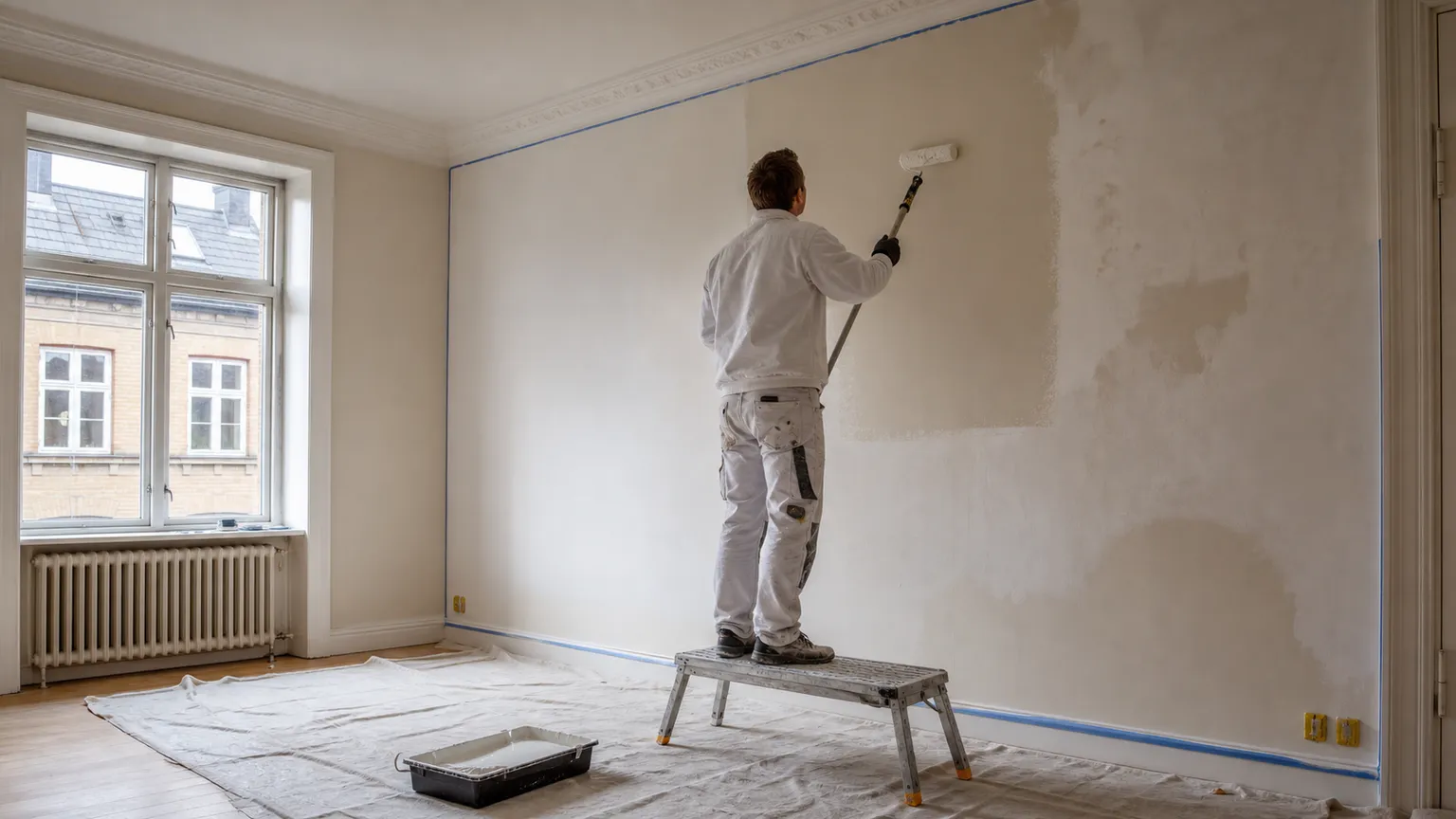 Maler på arbejdsplatform maler en væg i en lys Østerbro-lejlighed med stuk, afdækket gulv og naturligt dagslys.