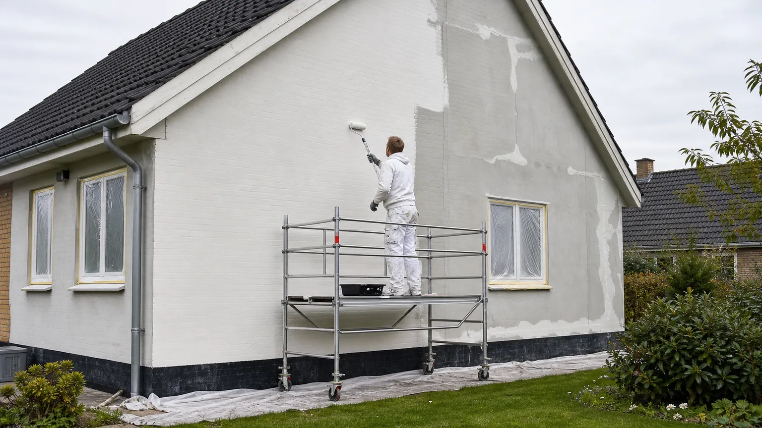 Maler på sikkert rullestillads maler facaden på et dansk parcelhus i blødt dagslys.