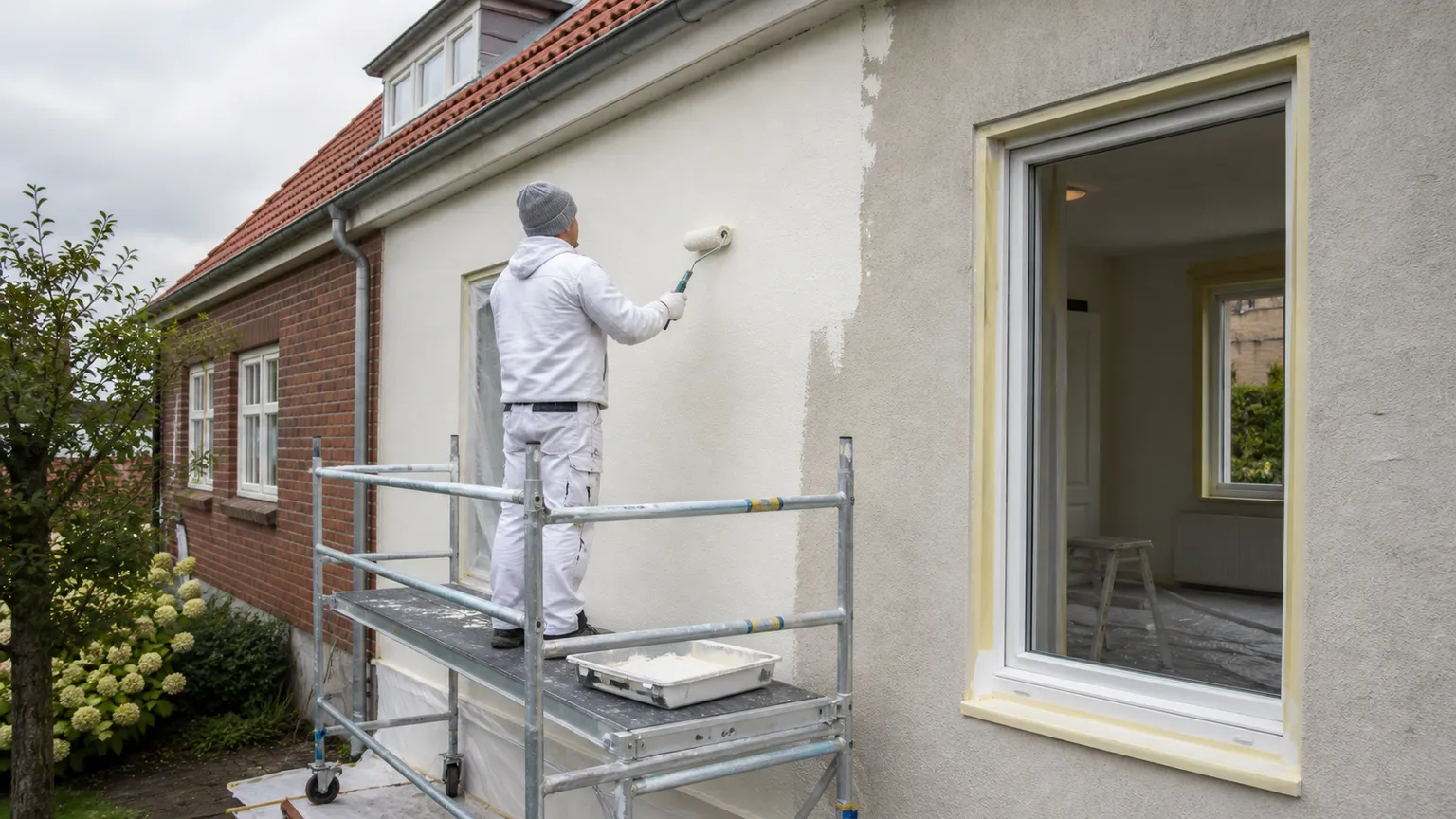 Maler på sikkert stillads maler facaden på et dansk hus, mens boligens vinduer og gulve er afdækket.