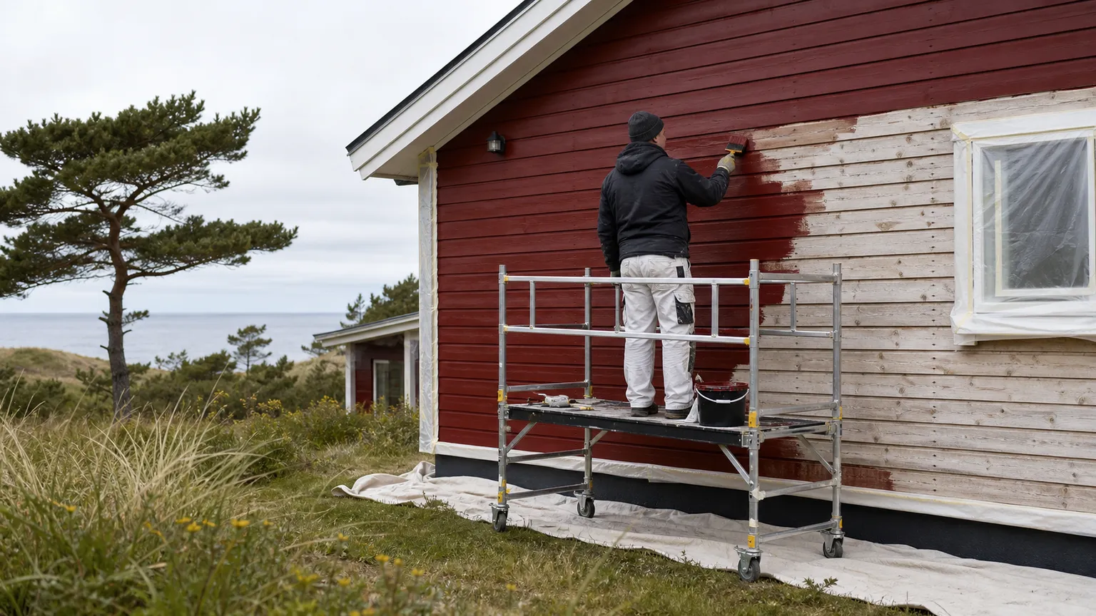 Maler på stillads maler træfacaden rød på et dansk sommerhus ved kysten.