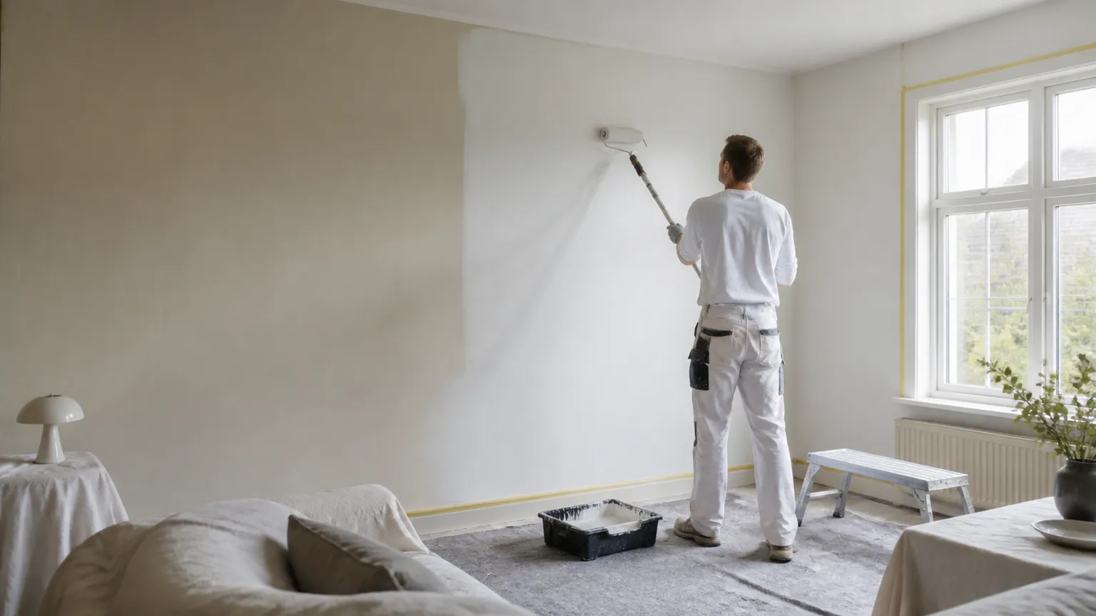 Professionel maler ruller hvid maling på en væg i en afdækket dansk stue med naturligt dagslys.