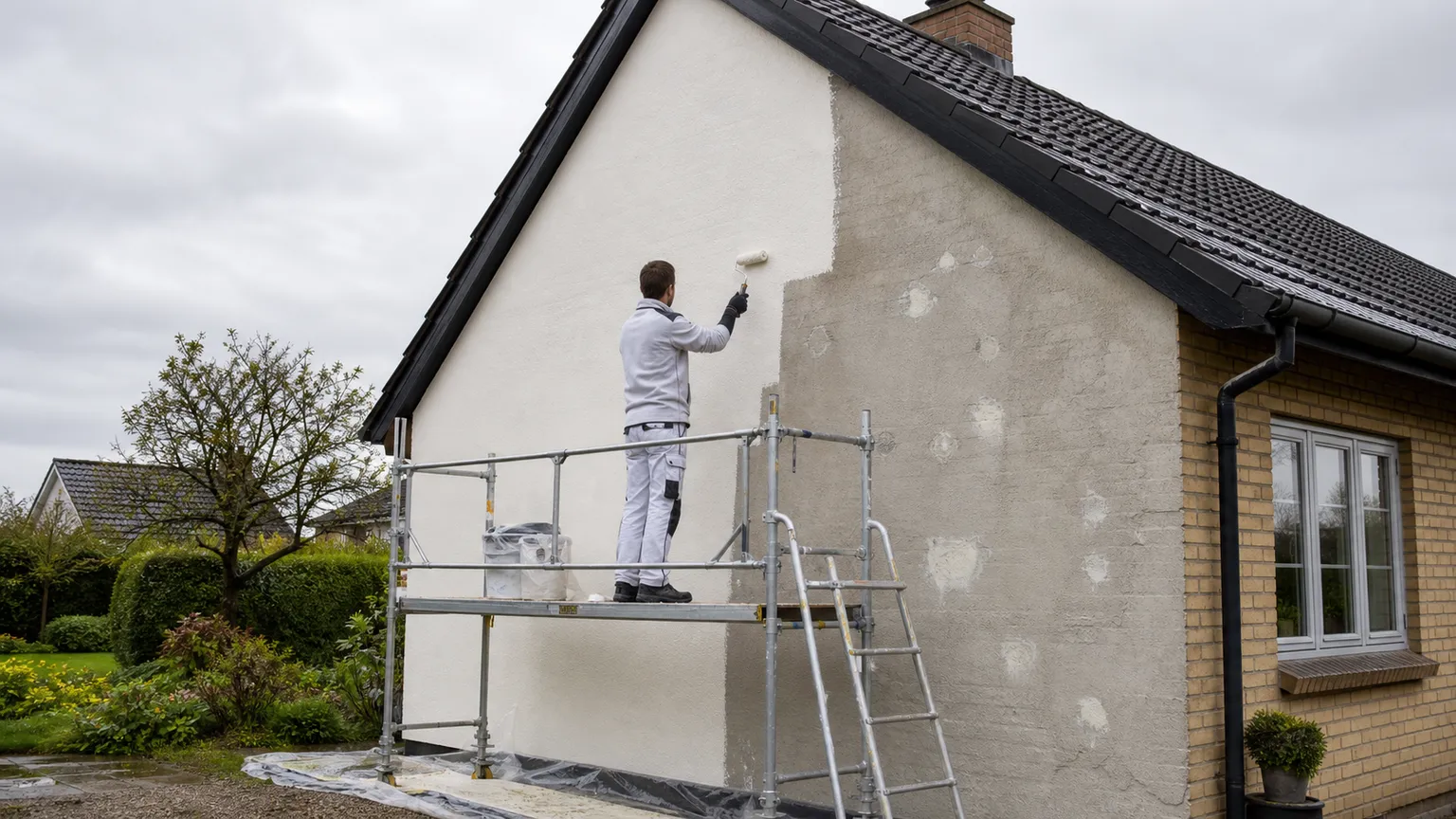 Maler på stillads maler gavlen på et dansk hus, mens den klargjorte facade viser reparationer.